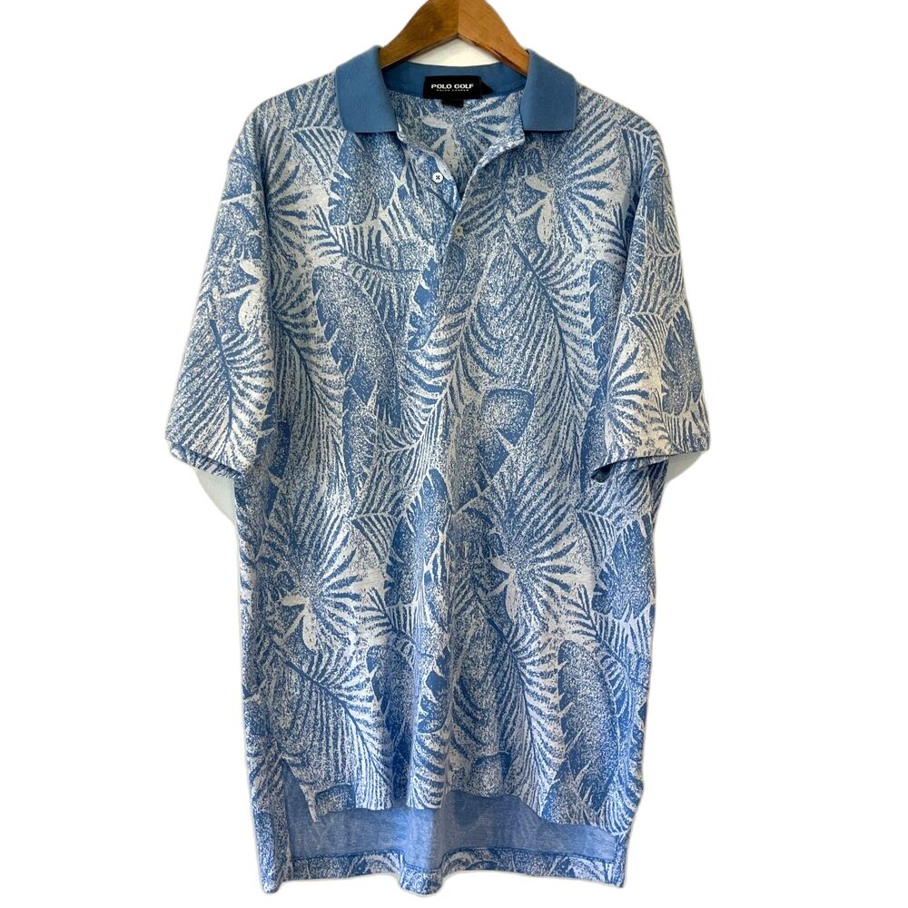 Polo Golf Ralph Lauren Polo Shirt Blue Palm Fronds Size L Short Sleeves Cotton